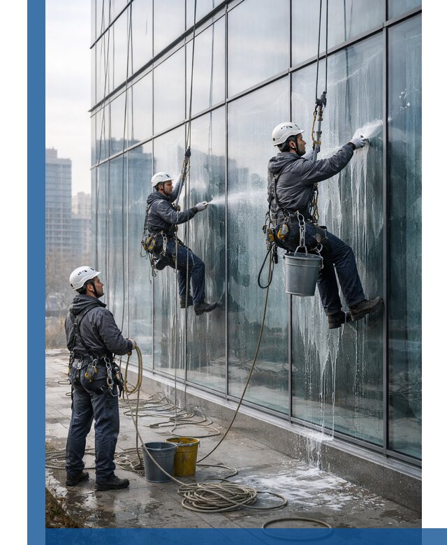 Промышленная мойка панорамных окон на высоте в Лабинске