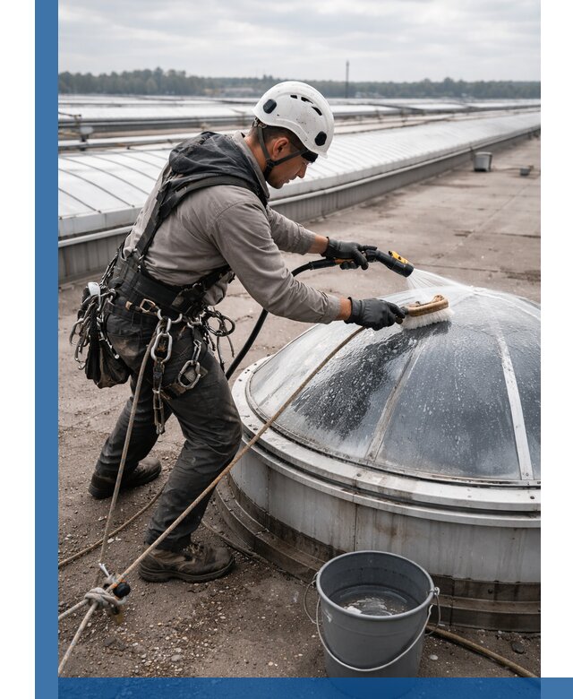 Мойка зенитных фонарей на кровле для промышленных объектов в Лабинске