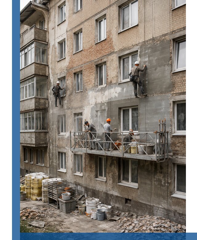 Капитальный ремонт фасада в Лабинске с восстановлением и гидроизоляцией