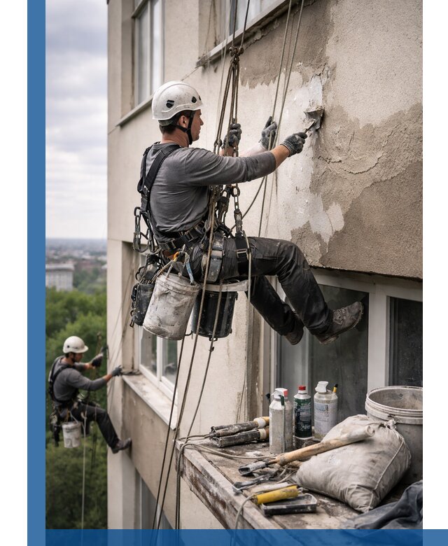 Косметический ремонт фасада зданий в Лабинске промышленными альпинистами