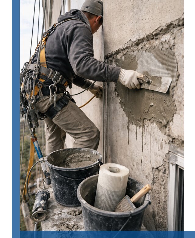 Ремонт бетонных элементов фасада промышленными альпинистами в Лабинске