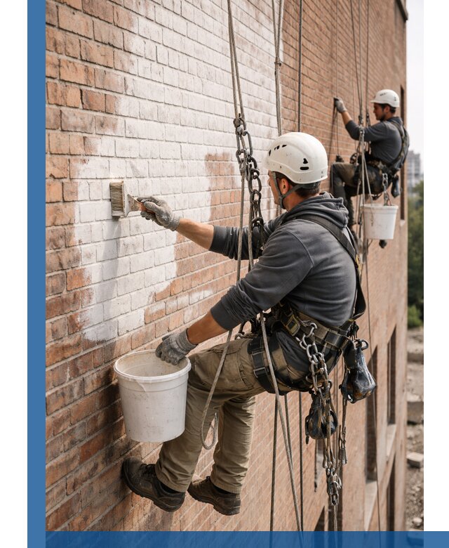 Покраска кирпичного фасада с доступным альпинистским сервисом в Лабинске