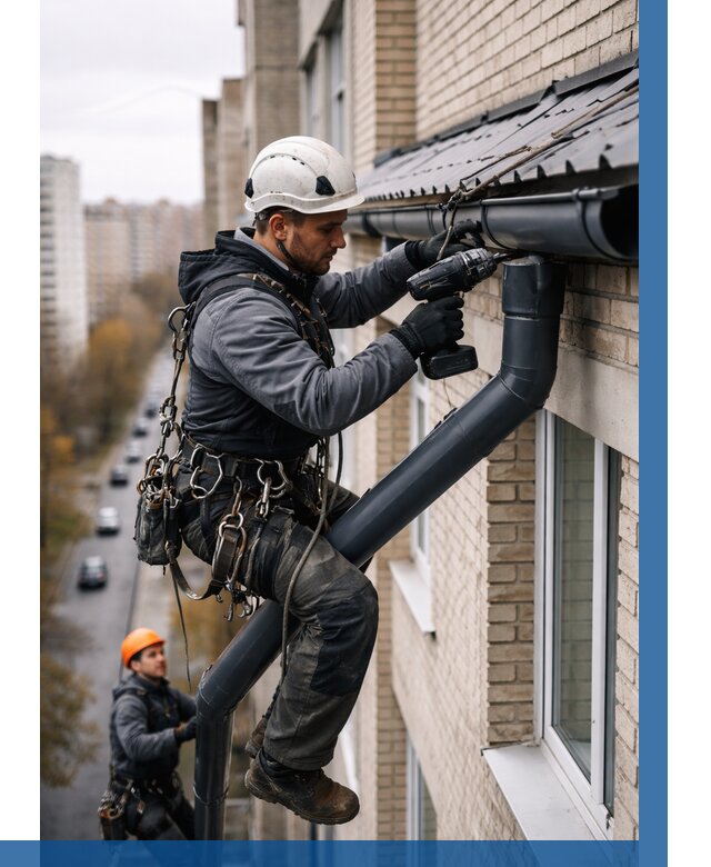 Монтаж водосточной системы на здании в Лабинске от 5362 р. | ВЫСОТНИК-Лбк