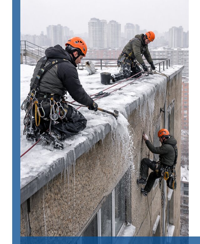 Удаление наледи с кровли в Лабинске промышленными альпинистами