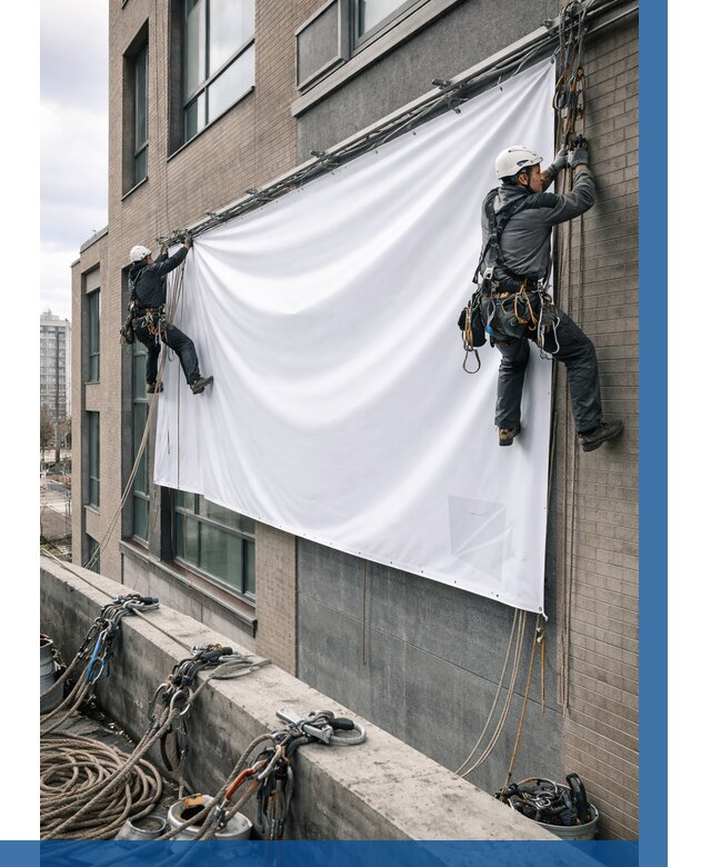 Монтаж баннеров на фасаде в Лабинске от 697 р. заказать ВЫСОТНИК-Лбк