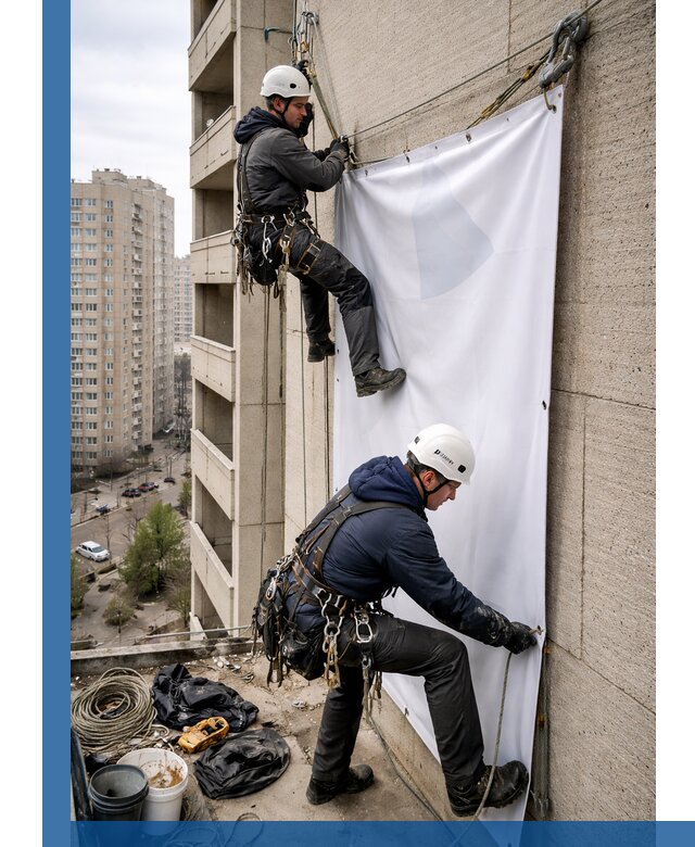 Профессиональный монтаж баннеров на фасаде в Лабинске