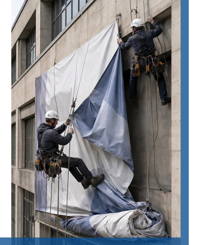 Демонтаж баннеров с фасада в Лабинске от 4826 р. | ВЫСОТНИК-Лбк