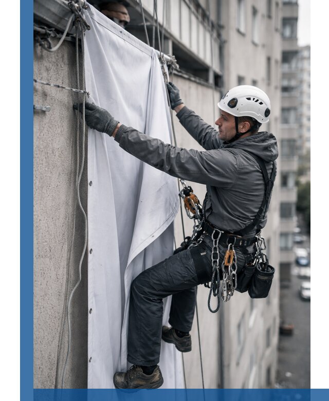 Замена баннерного полотна промышленными альпинистами в Лабинске