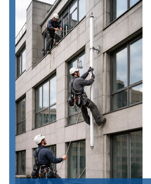 Монтаж флагштока на фасаде здания с креплением и герметикой в Лабинске