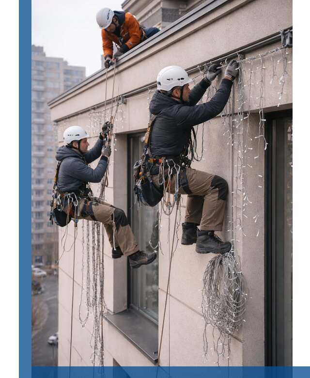 Монтаж праздничных гирлянд на фасаде в Лабинске для зданий