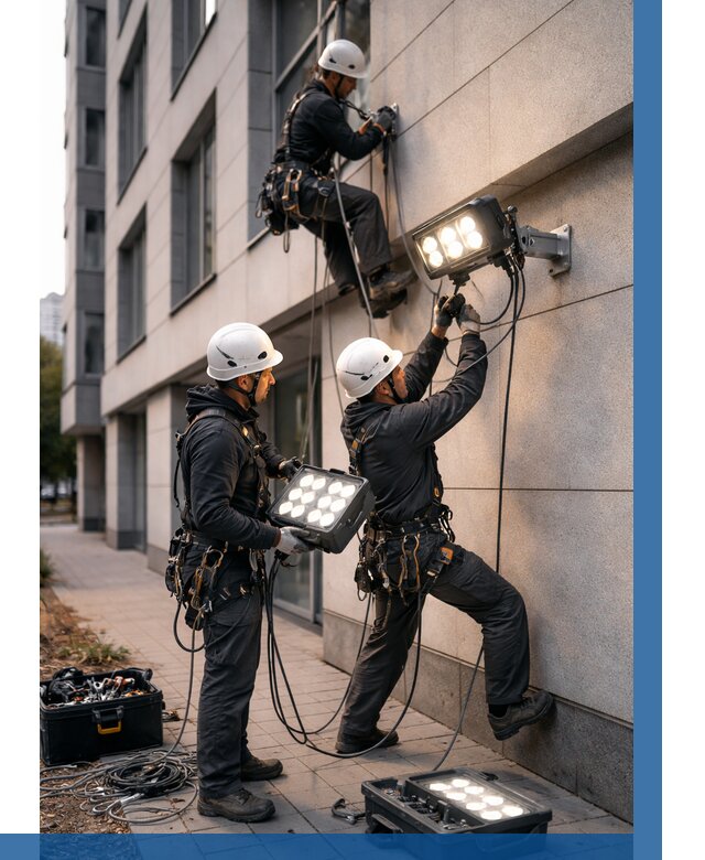 Монтаж прожекторов на фасаде в Лабинске от 8043 р. | ВЫСОТНИК-Лбк