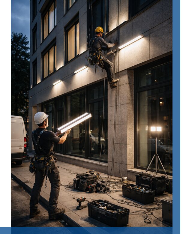 Монтаж архитектурной подсветки здания в Лабинске от 2681 р.|ВЫСОТНИК-Лбк