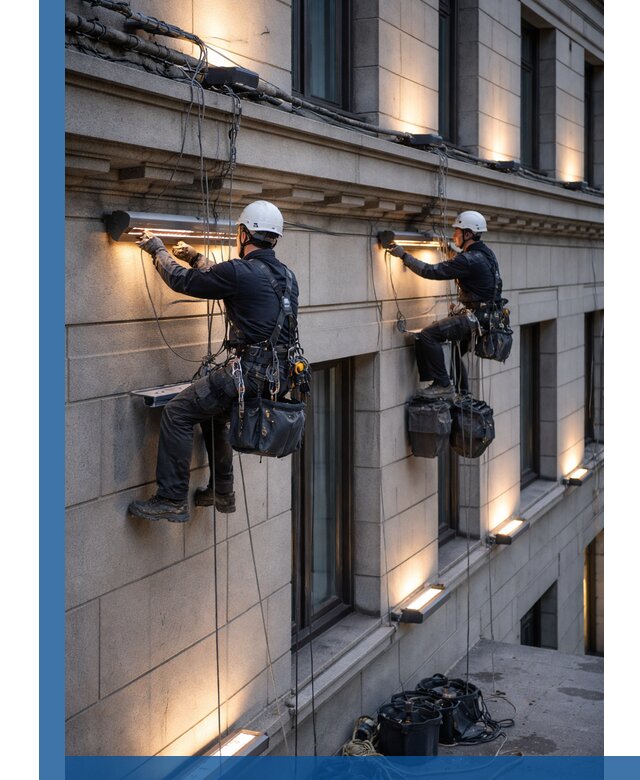 Монтаж архитектурной подсветки фасадов зданий в Лабинске