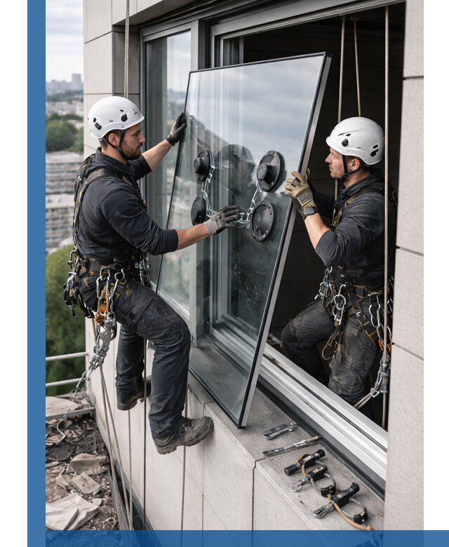 Замена стеклопакетов на высоте с промышленными альпинистами в Лабинске
