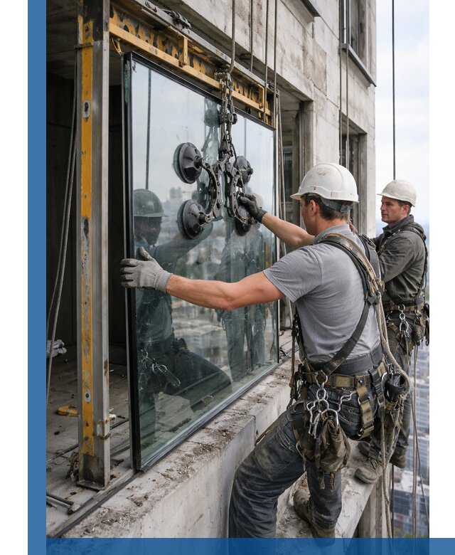 Монтаж стеклопакетов на высоте в Лабинске с промышленным альпинизмом