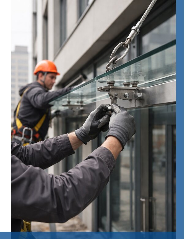 Монтаж стеклянных козырьков в Лабинске от 9115 р. | ВЫСОТНИК-Лбк