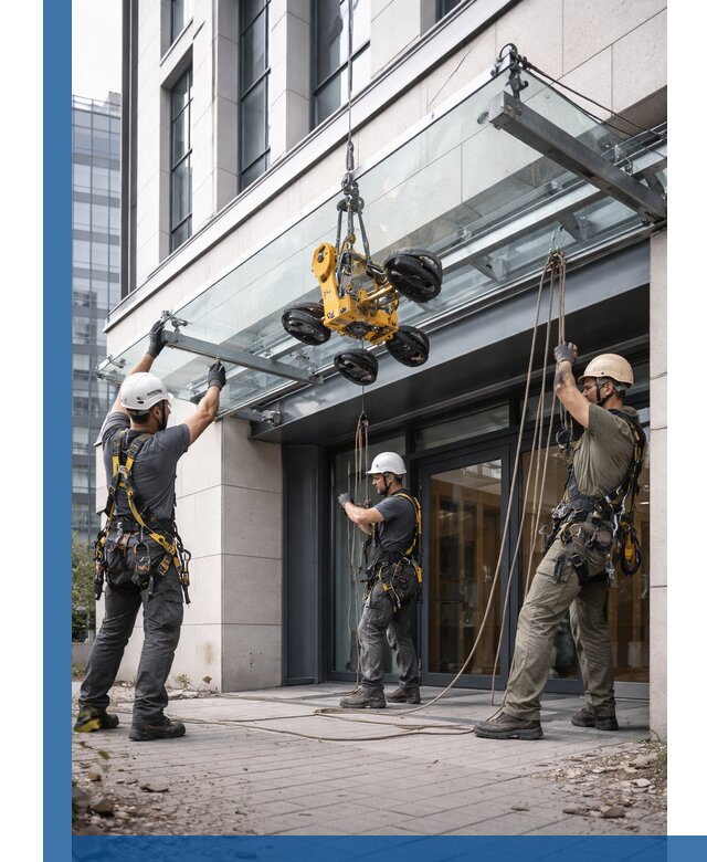 Монтаж стеклянных козырьков под ключ в Лабинске для зданий