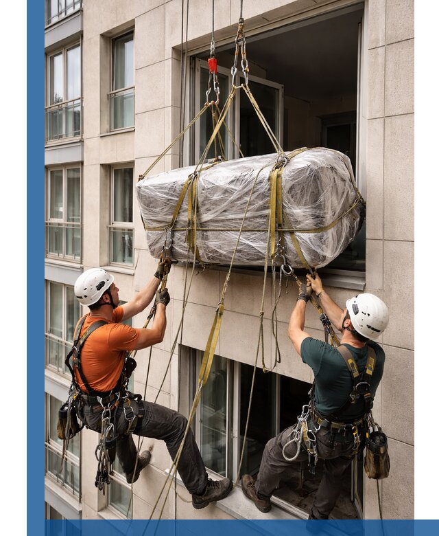 Подъем грузов через окно в Лабинске промышленными альпинистами