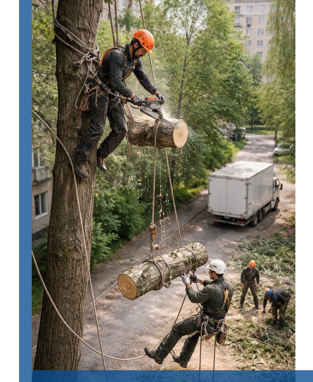 Спил деревьев альпинистами в Лабинске, безопасно и без повреждений