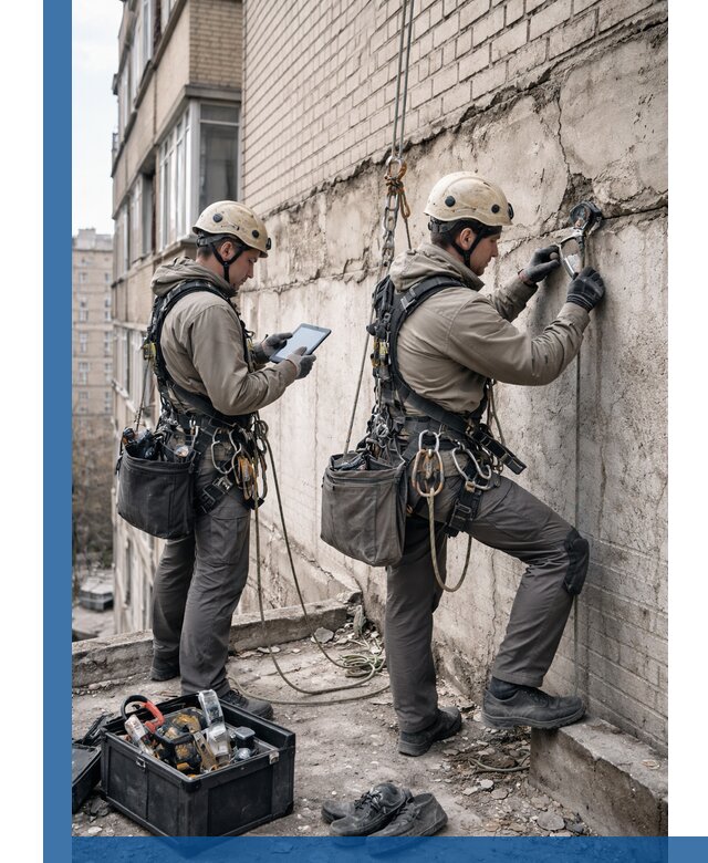 Обследование фасада промышленными альпинистами в Лабинске